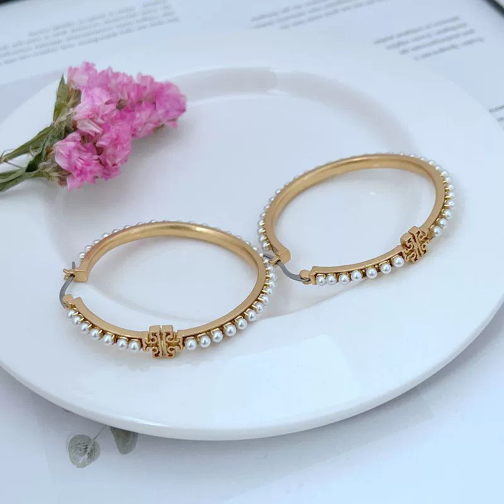 Tory Burch Pearl Inlaid Geometric Round Metal Large Earrings